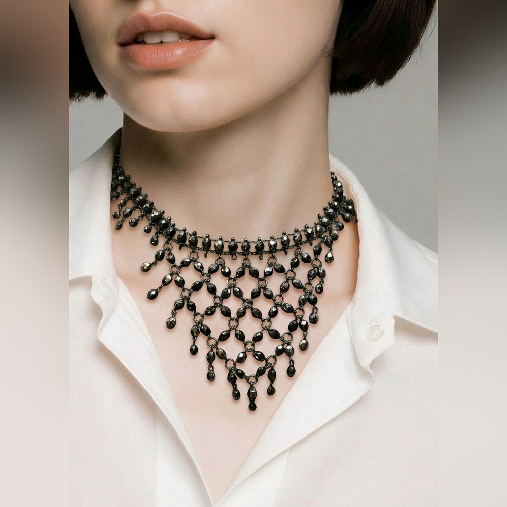 Cascading Black Hematite Bib Statement Necklace - EUC